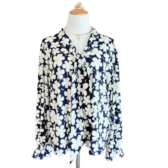 Melloday Floral Textured Knit Blouse XL Tie V-Neck Navy Cream Long Sleeves - Picture 1 of 9